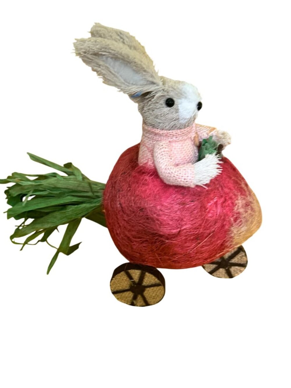 Vintage Handmade Sisal Bunny Riding Radish Cart Easter Spring Decor Glass Eyes - Picture 2 of 7